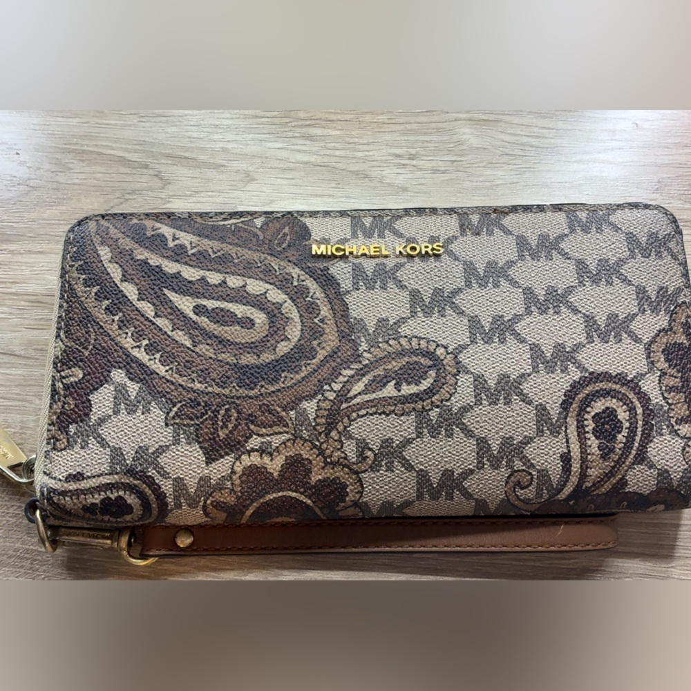 Michael Kors Tan and Brown Paisley Wristlet